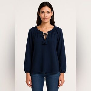 Just Living Navy Cotton Gauze Peasant Blouse M Boho Forest Fairy Coastal Slub